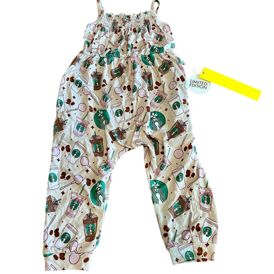 Monkeeroos Pajamas Girls Starbucks Cake Pop Romper Pjs Tan NWT Coffee Limited