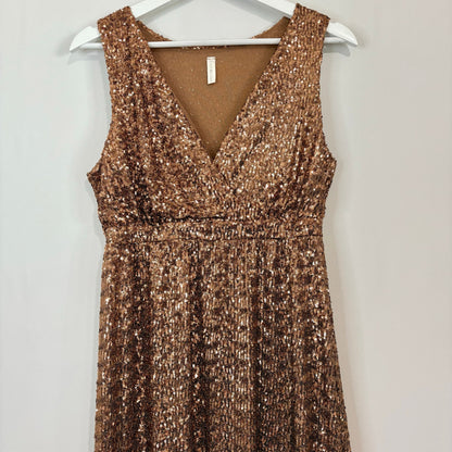 PinkBlush Women’s Sequin Maternity V Neck Sleeveless Evening Gown Gold Med EUC