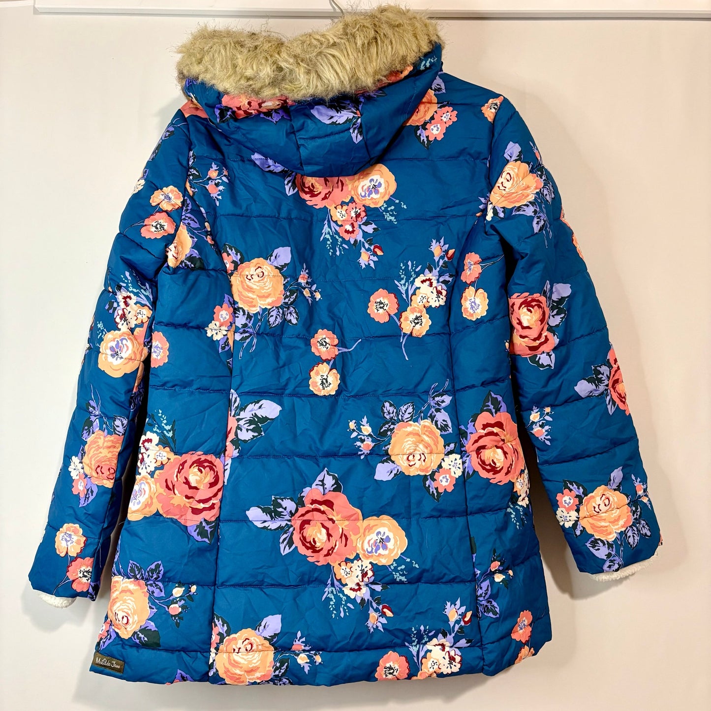 Matilda Jane Women’s Break the Ice Floral Faux Fur Puffer Jacket Teal Medium EUC