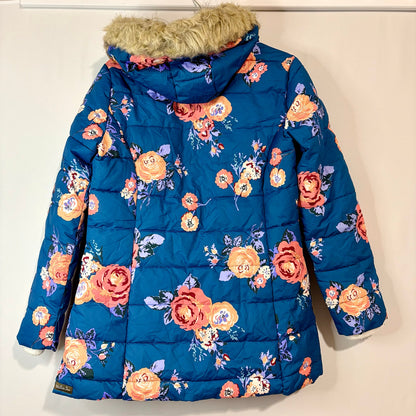 Matilda Jane Women’s Break the Ice Floral Faux Fur Puffer Jacket Teal Medium EUC