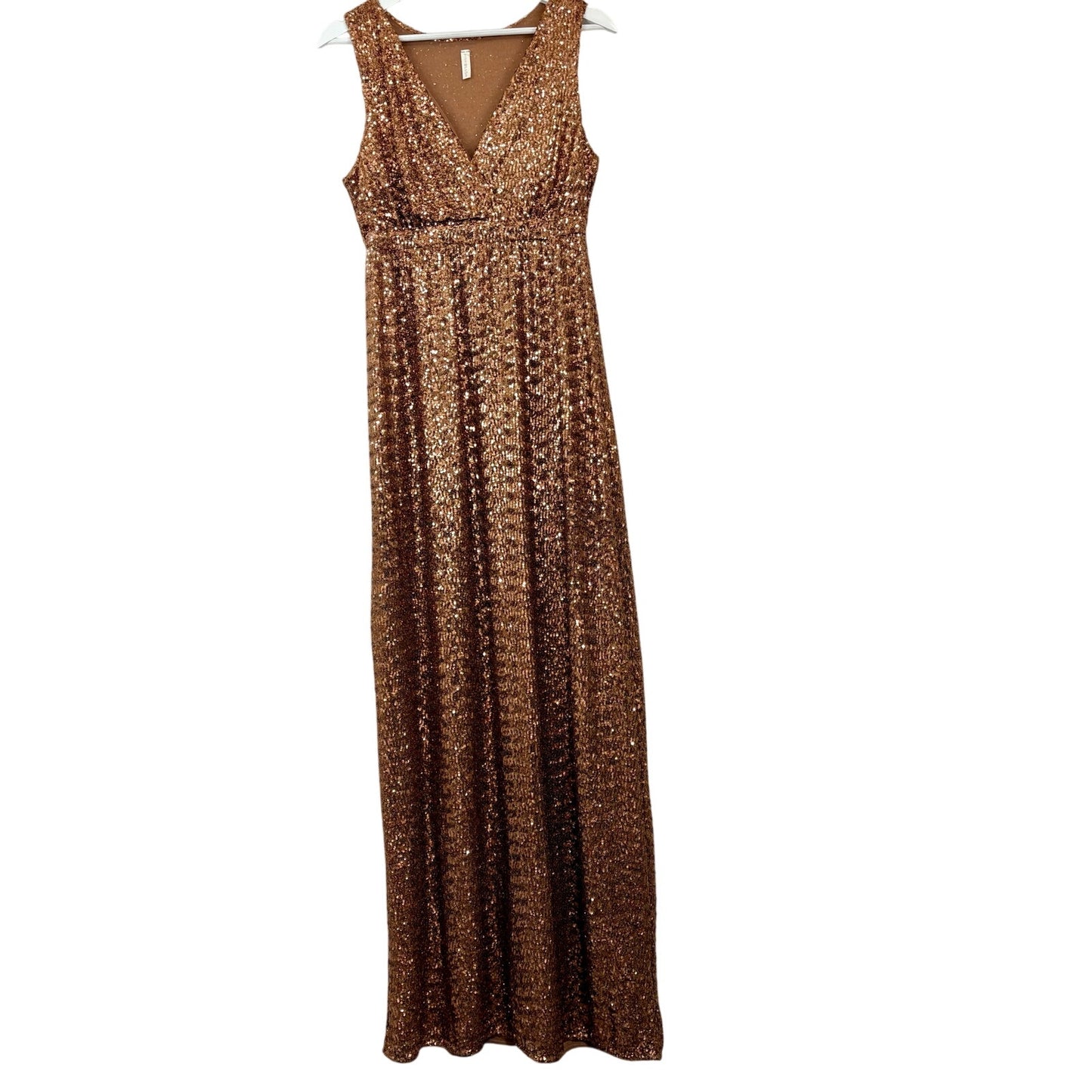 PinkBlush Women’s Sequin Maternity V Neck Sleeveless Evening Gown Gold Med EUC