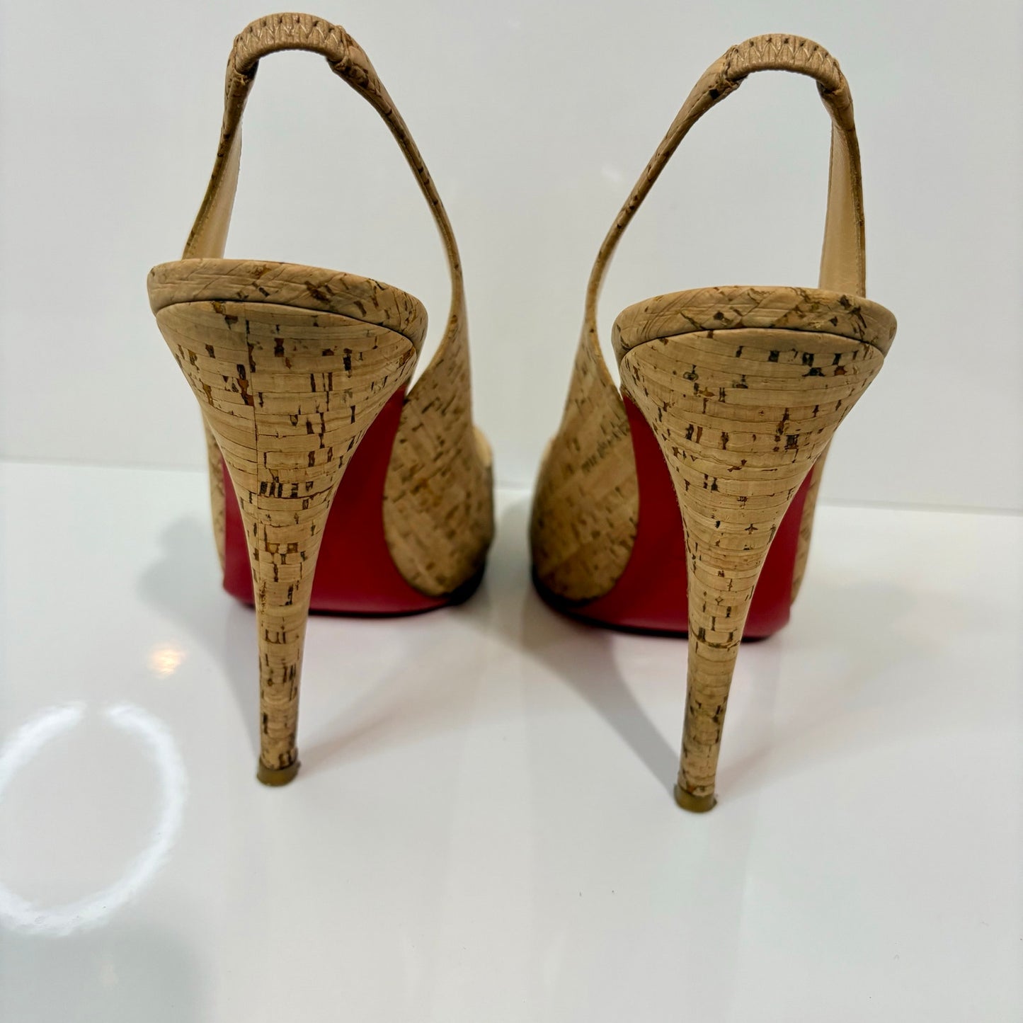 Christian Louboutin Cork Peep Toe Slingback Pumps Red Bottom Heels US 7 EUC Box