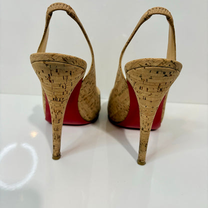 Christian Louboutin Cork Peep Toe Slingback Pumps Red Bottom Heels US 7 EUC Box