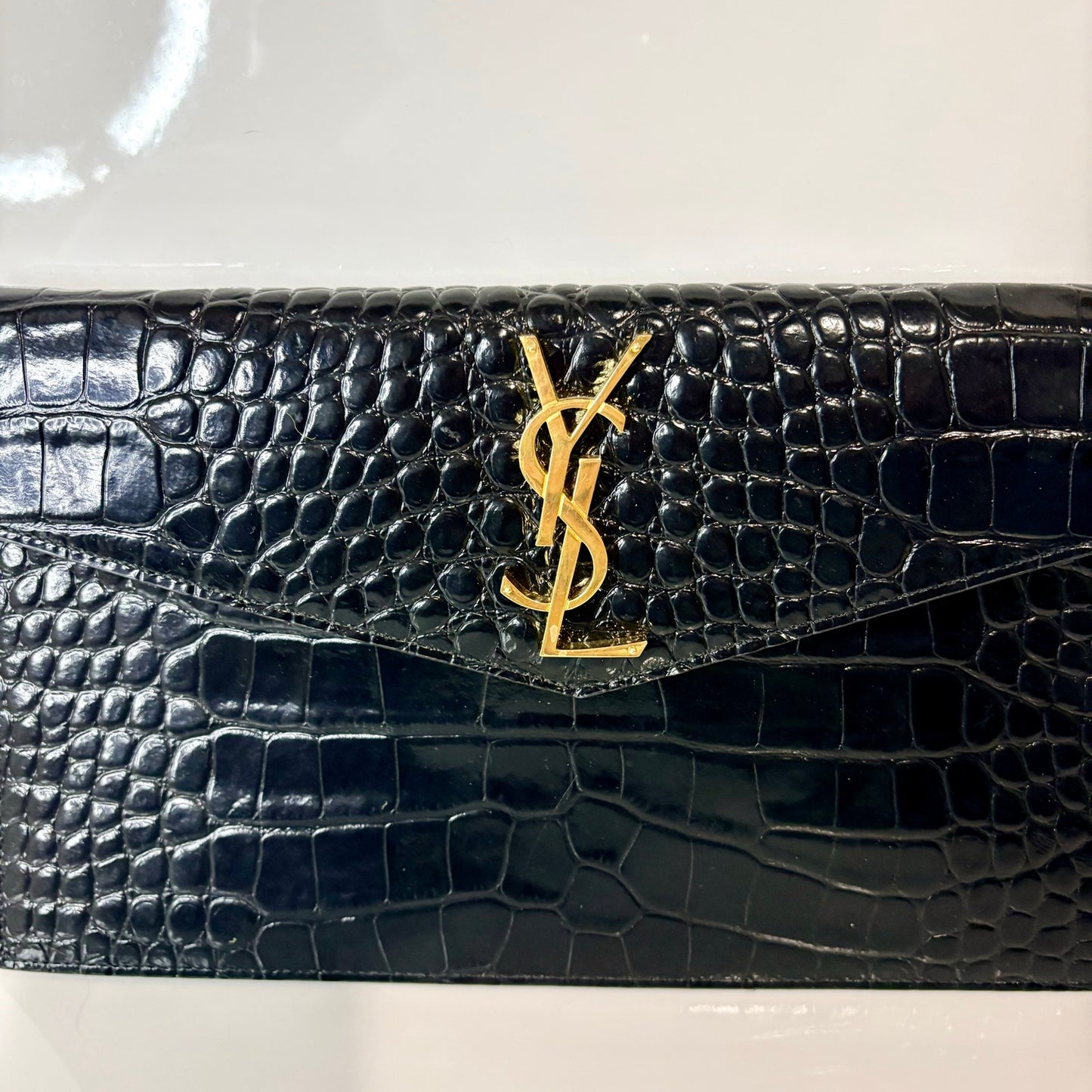 Saint Laurent YSL Uptown Pouch Black Croc Embossed Leather Gold Logo Clutch NWOT
