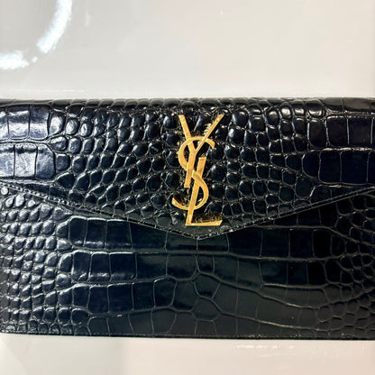 Saint Laurent YSL Uptown Pouch Black Croc Embossed Leather Gold Logo Clutch NWOT