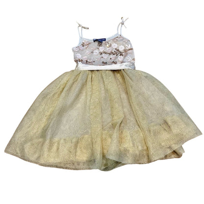 EleStory Girls Sleeveless Floral Sequin Mesh Tulle Dress Tan Gold Size 4T EUC