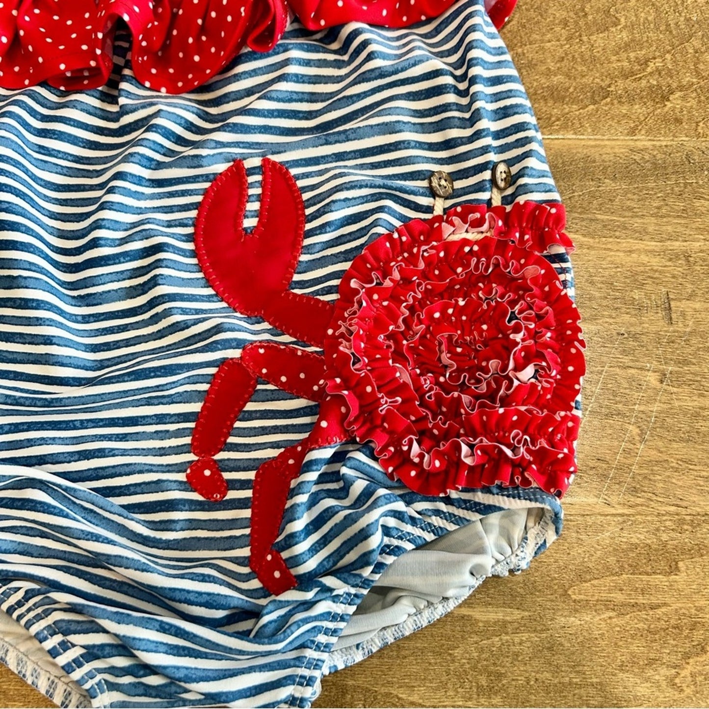 Mud Pie Toddler Girls Crab Ruffle Stripes Polka Dot One Piece Swimsuit 3T EUC