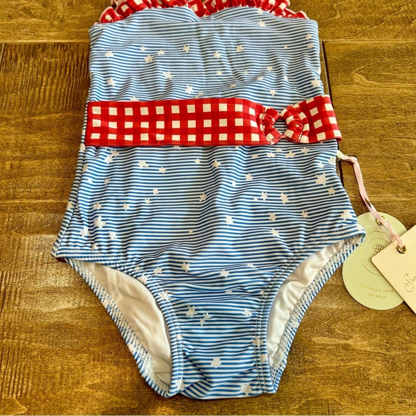Sweet Honey Toddler Girls Star Stripe Plaid One Piece Swimsuit Blue Size 3T NWT