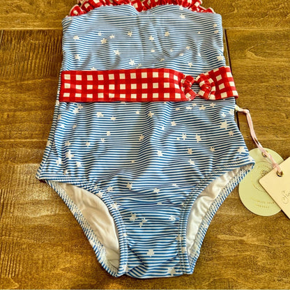 Sweet Honey Toddler Girls Star Stripe Plaid One Piece Swimsuit Blue Size 3T NWT