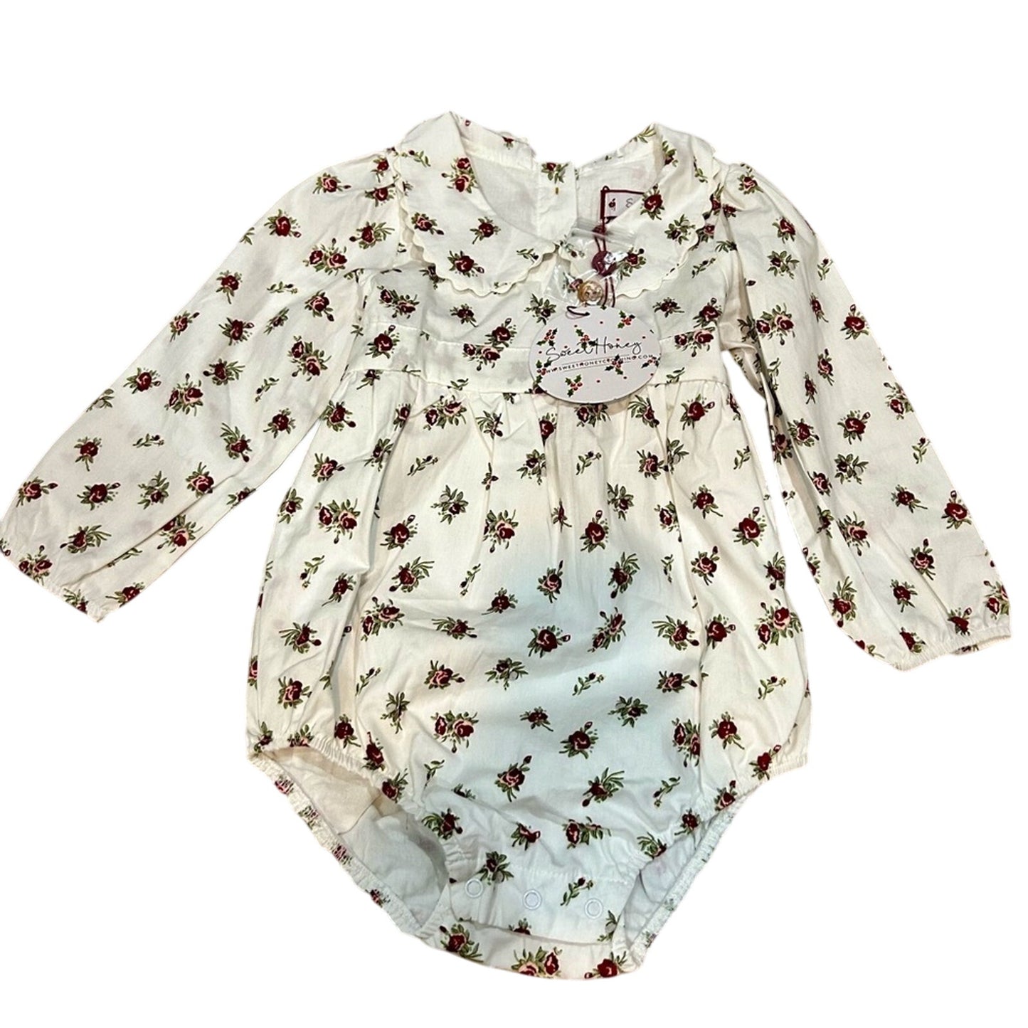 SweetHoney Girls Long Sleeve Floral Print Bubble Romper White Size 2T NWT Girly