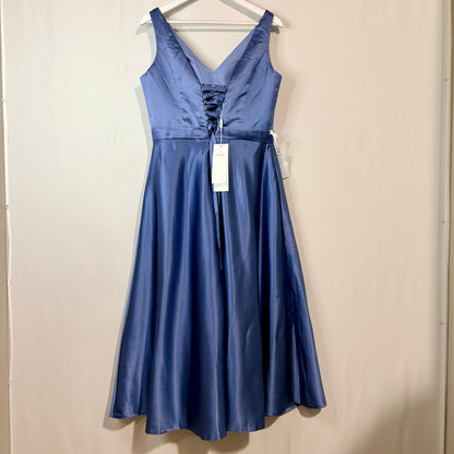 Miss Veil Satin Tea Length Dress Double V Neck Bow Detail Pockets NWT Blue Small