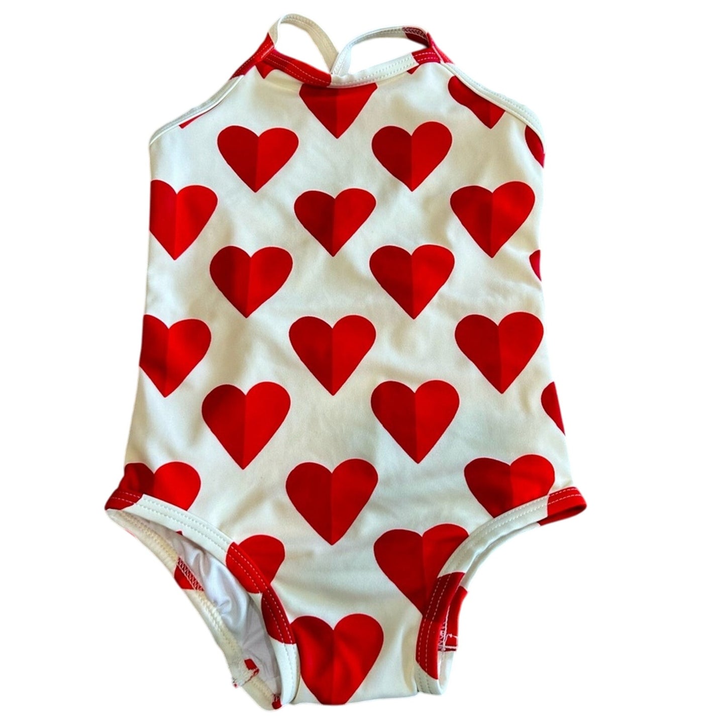 Hanna Andersson Girls Sunblock One Piece Hearts Swimsuit Cream Red 18-24 M EUC