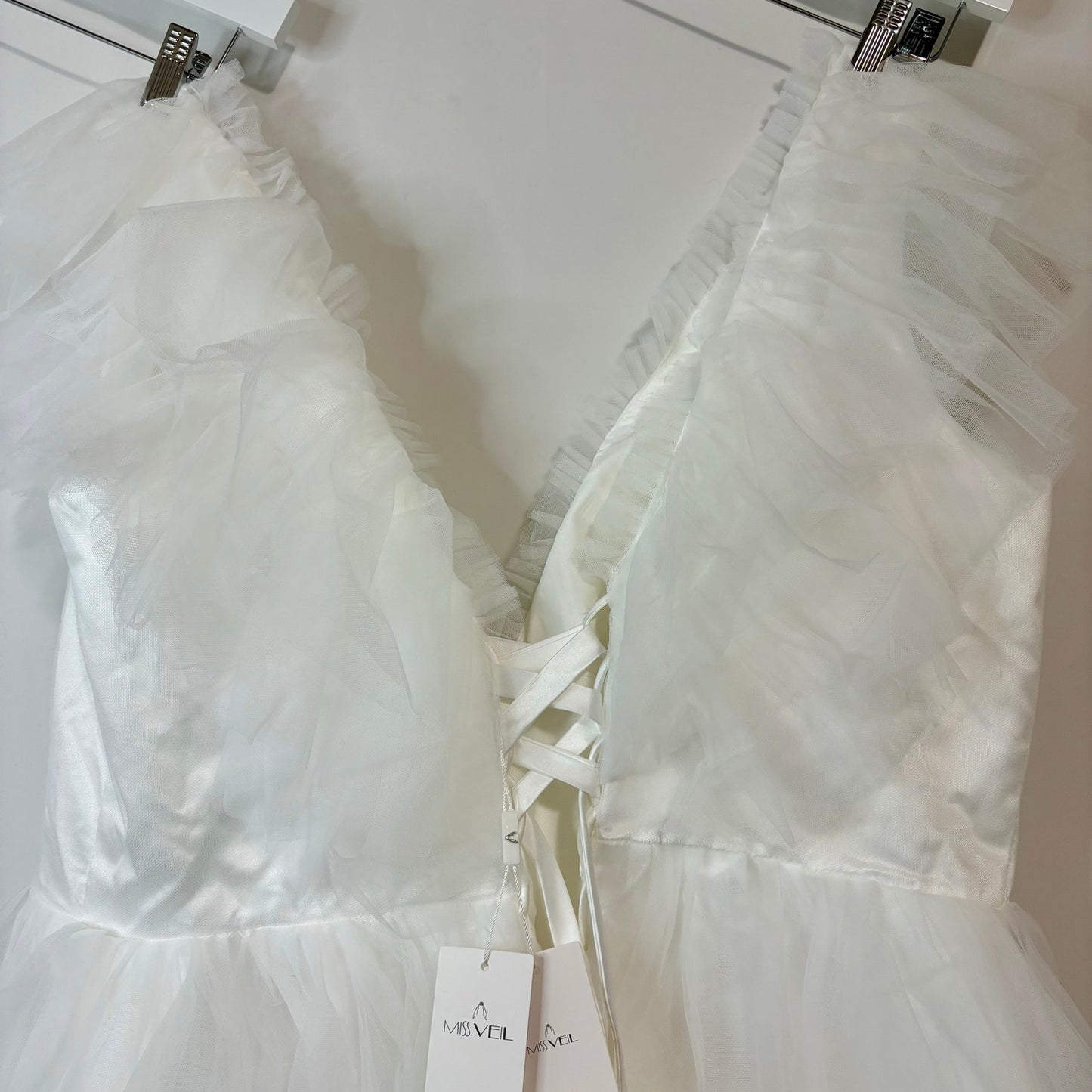 Miss Veil Women’s Layered Tulle Double V Neck Mini Dress White Size XL NWT