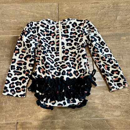 Posh Peanut Girls Leopard Print Ruffle Rash Guard One Piece Swimsuit Cream EUC
