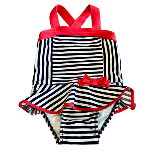 Cat & Jack Toddler Girl Stripe Ruffle Bow One Piece Swimsuit Red Blue 18 M EUC