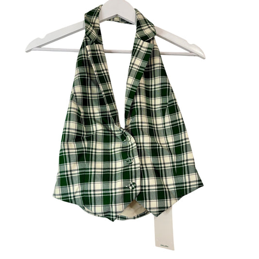 Halara Women’s Sleeveless Halter Plaid Button Up Vest Top Green Cream Size Small NWT