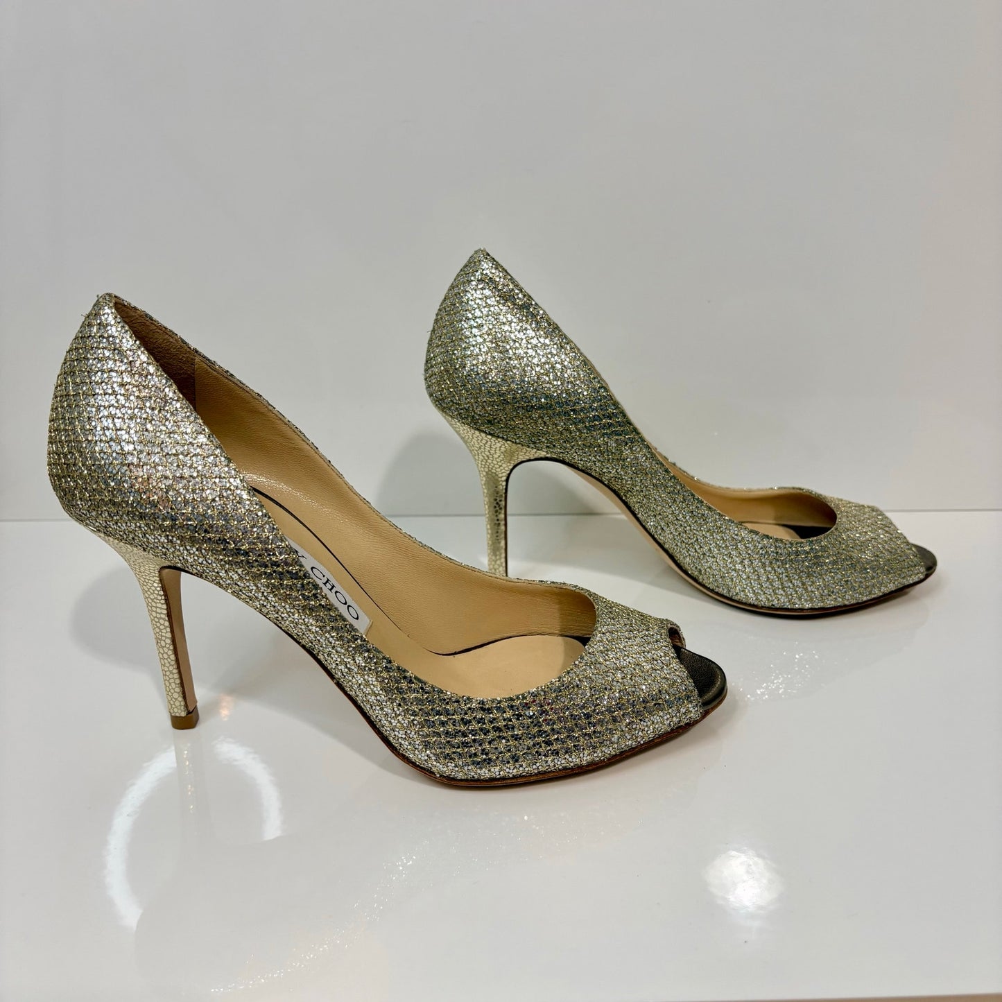 Jimmy Choo Women's Evelyn Peep Toe Pumps Champagne Gold Glitter Heels US 6 EUC
