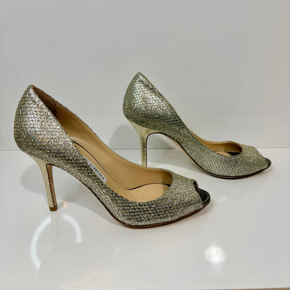 Jimmy Choo Women's Evelyn Peep Toe Pumps Champagne Gold Glitter Heels US 6 EUC