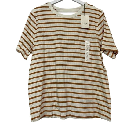 A New Day Women’s Round Neck Ribbed Short Sleeve Tee Brown & White Stripe NWT
