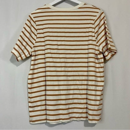 A New Day Women’s Round Neck Ribbed Short Sleeve Tee Brown & White Stripe NWT
