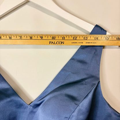 Miss Veil Satin Tea Length Dress Double V Neck Bow Detail Pockets NWT Blue Small