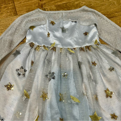 EleStory Girls Starlet Long Sleeve Dress Grey Silver Gold Size 4T EUC Stars