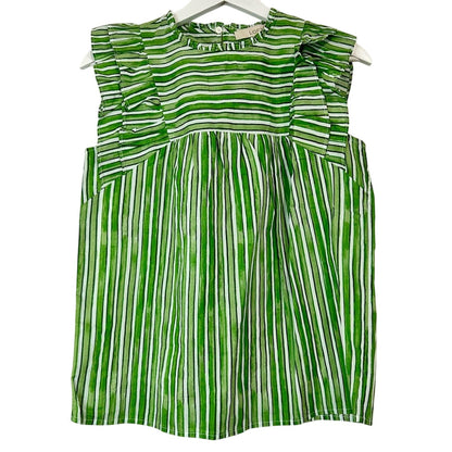 Loft Women’s Ruffle Sleeve Striped Blouse Green White Size XS NWT Workwear Girly