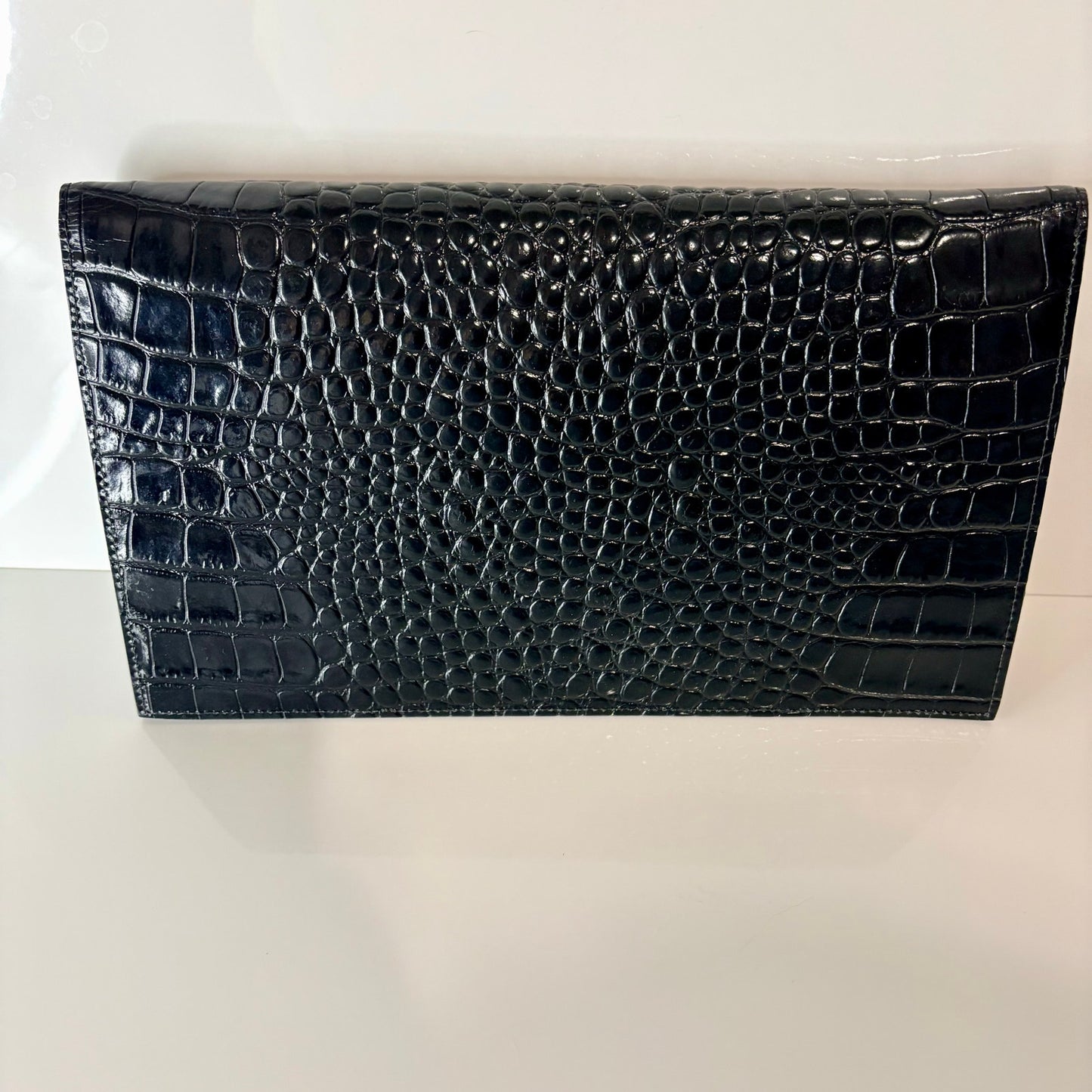Saint Laurent YSL Uptown Pouch Black Croc Embossed Leather Gold Logo Clutch NWOT