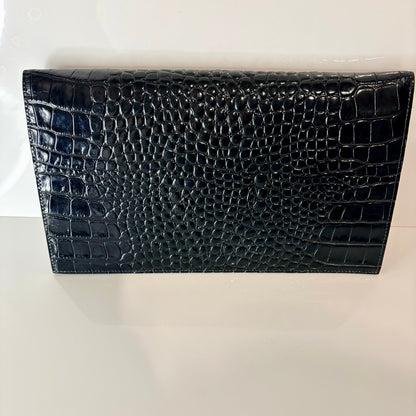 Saint Laurent YSL Uptown Pouch Black Croc Embossed Leather Gold Logo Clutch NWOT