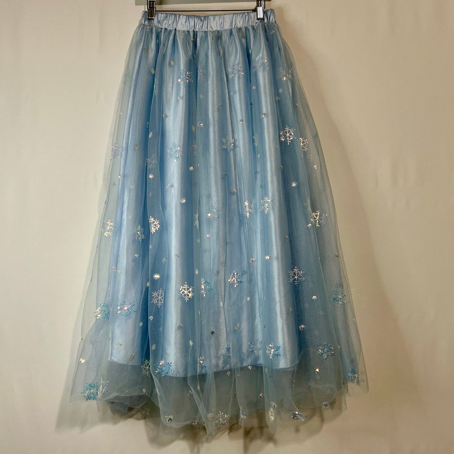 EleStory Women’s Tulle Snowflake Sequin Maxi Skirt Light Blue Size Small NWT