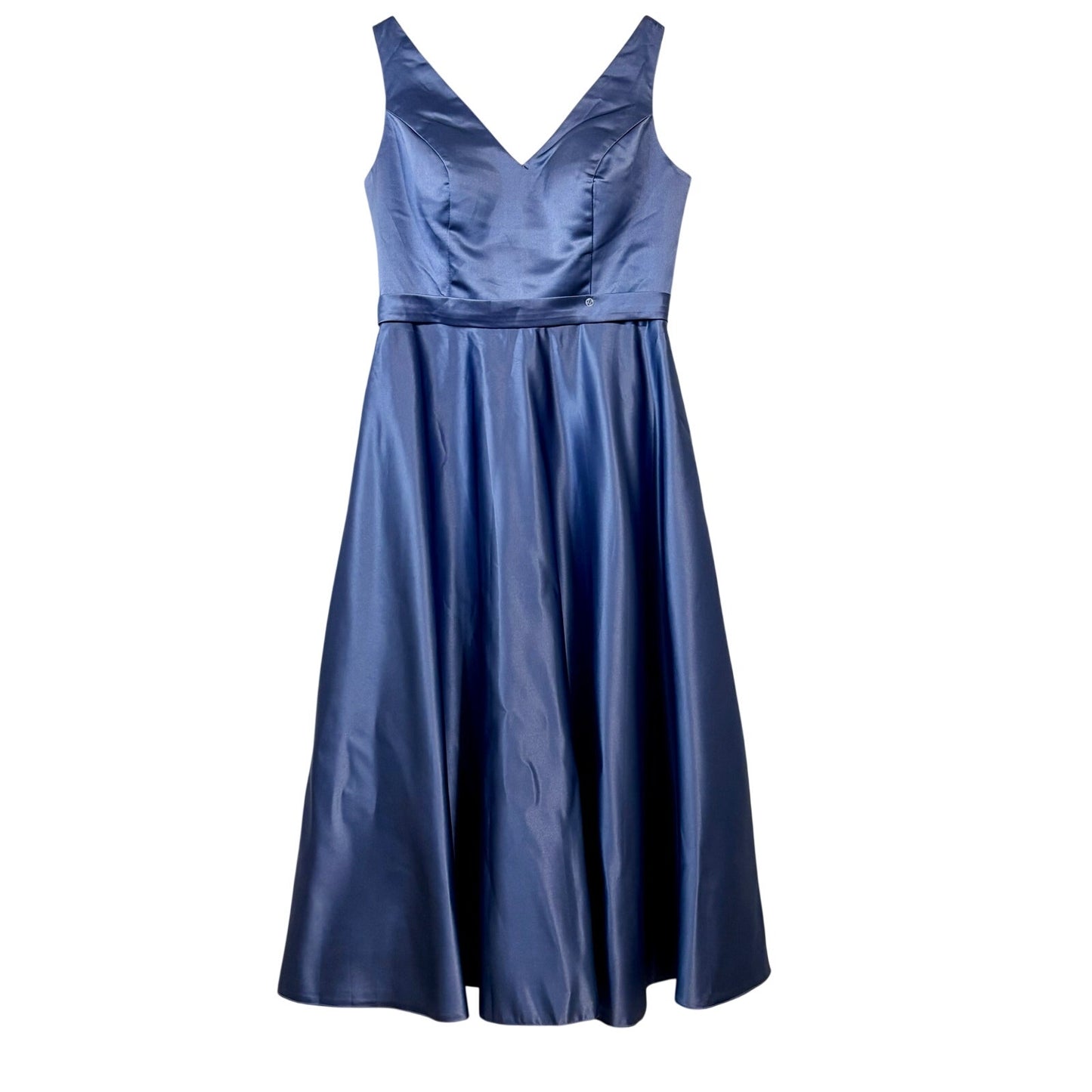Miss Veil Satin Tea Length Dress Double V Neck Bow Detail Pockets NWT Blue Small