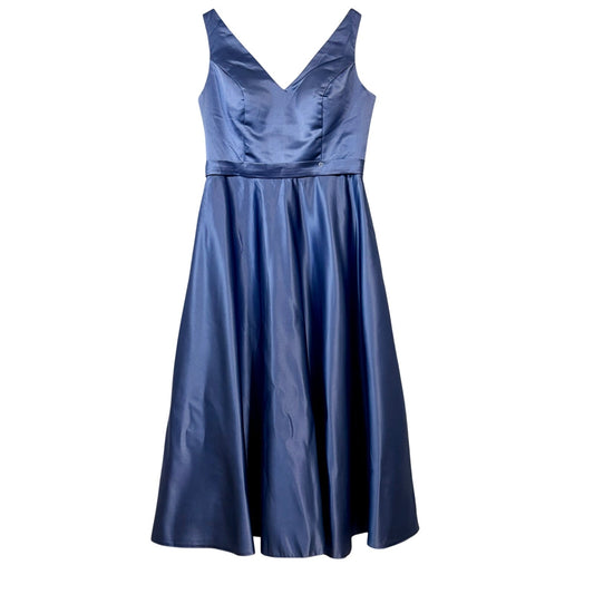 Miss Veil Satin Tea Length Dress Double V Neck Bow Detail Pockets NWT Blue Small
