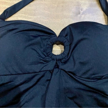 Kona Sol Women's Circle Halter Tie Tankini Swim Top Ruched Black NWT