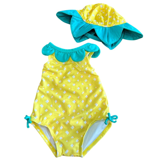 Gymboree Toddler Girls Print Ruffle One Piece Swimsuit w/ Hat Yellow 12-18 M EUC