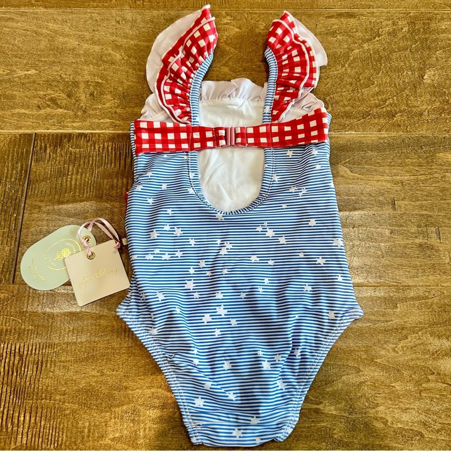 Sweet Honey Toddler Girls Star Stripe Plaid One Piece Swimsuit Blue Size 3T NWT
