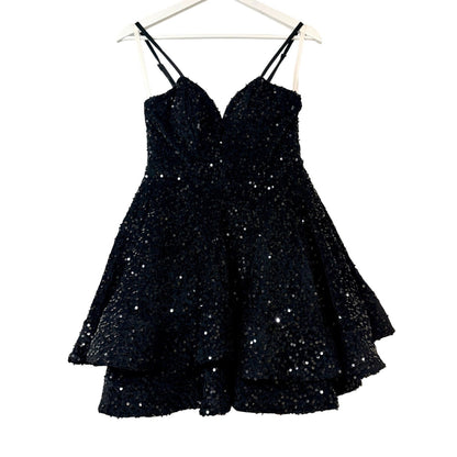 Women’s Velvet Sequin Tiered Mini Dress Black XS Small Party Cocktail Fit & Flare