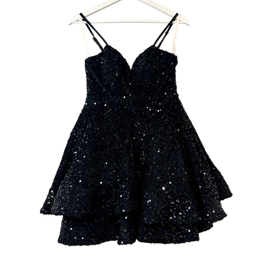 Women’s Velvet Sequin Tiered Mini Dress Black XS Small Party Cocktail Fit & Flare