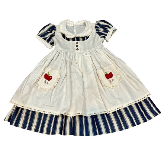 Orchard in Autumn Vintage Pinafore Apron Dress Blue Cream Size 7 FLAW Apple Cute