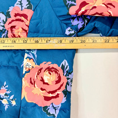 Matilda Jane Women’s Break the Ice Floral Faux Fur Puffer Jacket Teal Medium EUC