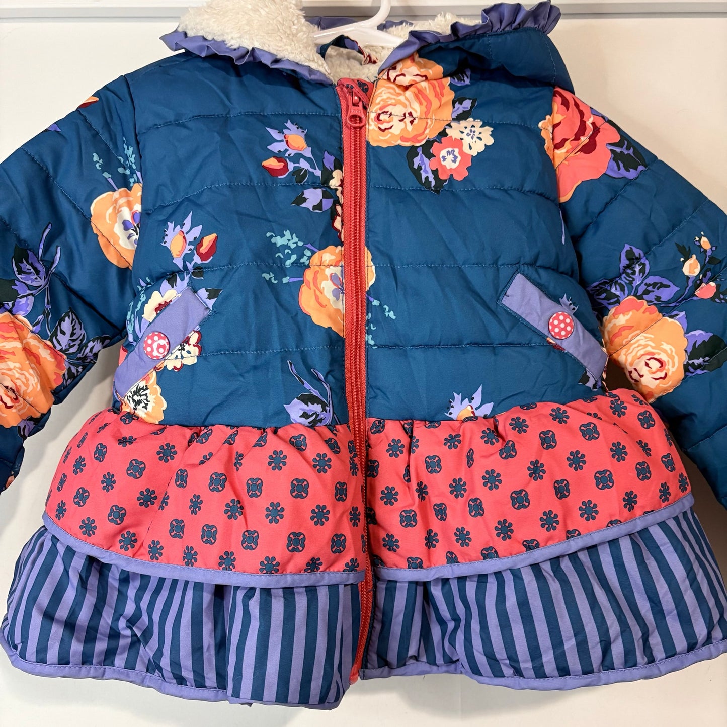 Matilda Jane Girls Floral Print Hooded Puffer Jacket Teal Blue Quilted Coat EUC