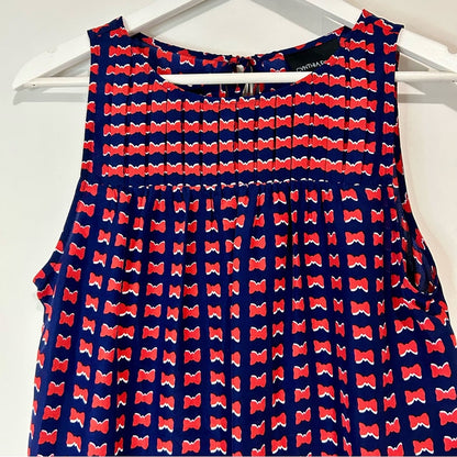 Cynthia Rowley Women’s Sleeveless Bow Print Pleated Blouse Blue Red Small EUC