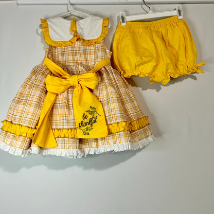 Two Roosters Clothing Girls Jasmine's Be Thankful Dress w/ Bloomers Yellow Size 5 EUC Embroidered Fall