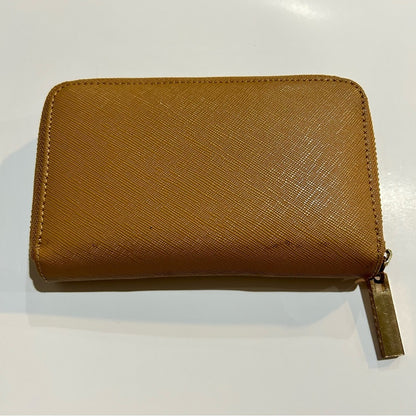 Tory Birch Robinson Zip Around Mini Wallet Saffiano Leather Tan EUC Luxury Logo