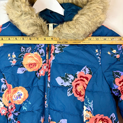 Matilda Jane Women’s Break the Ice Floral Faux Fur Puffer Jacket Teal Medium EUC