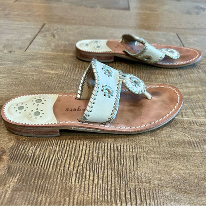 Jack Rogers Women’s Flat Woven Sandals Silver Cream Size 6.5 EUC Preppy Girly