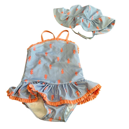 Gymboree Toddler Girls Island Hopper Seahorse Swimsuit & Hat Blue 12-18 M EUC