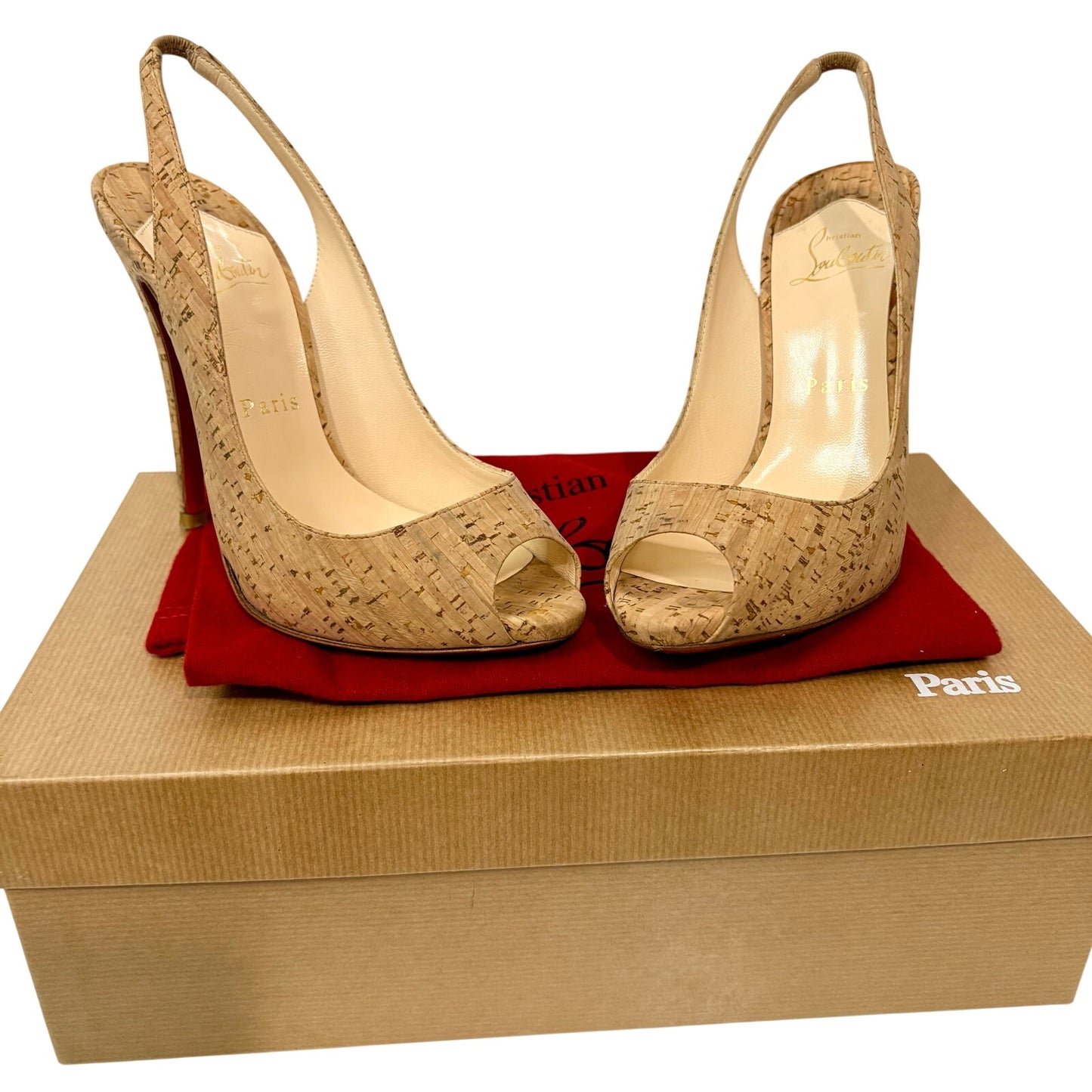 Christian Louboutin Cork Peep Toe Slingback Pumps Red Bottom Heels US 7 EUC Box