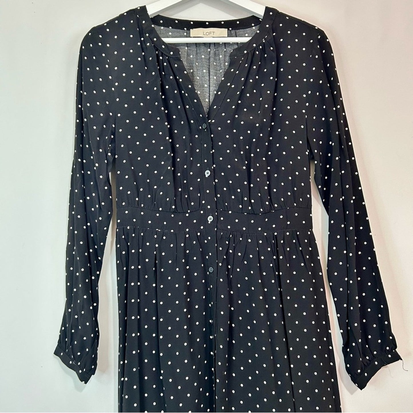 Loft Women’s Long Sleeve Polka Dot Button Down Dress Black White Size 6 FLAW