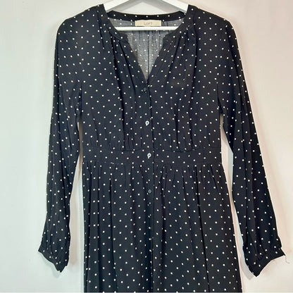 Loft Women’s Long Sleeve Polka Dot Button Down Dress Black White Size 6 FLAW