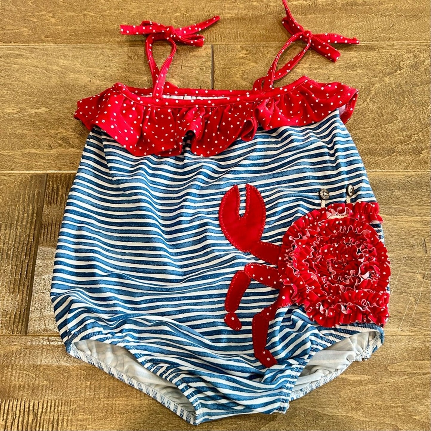 Mud Pie Toddler Girls Crab Ruffle Stripes Polka Dot One Piece Swimsuit 3T EUC